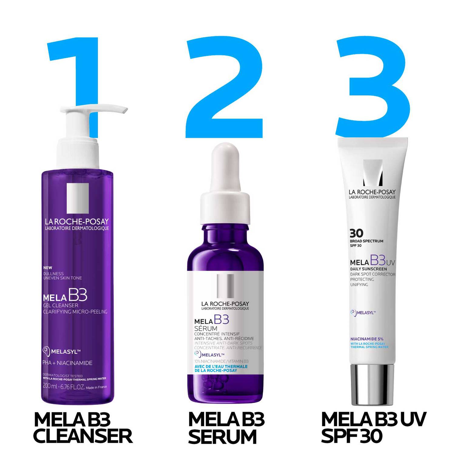 mela-b3-dark-spot-serum-with-melasyltm-niacinamide-l7 LaRochePosay-Product-MelaB3-MelaB3Cleanser-200ml-03337875890069-Routine_1500x1500_REV.jpg